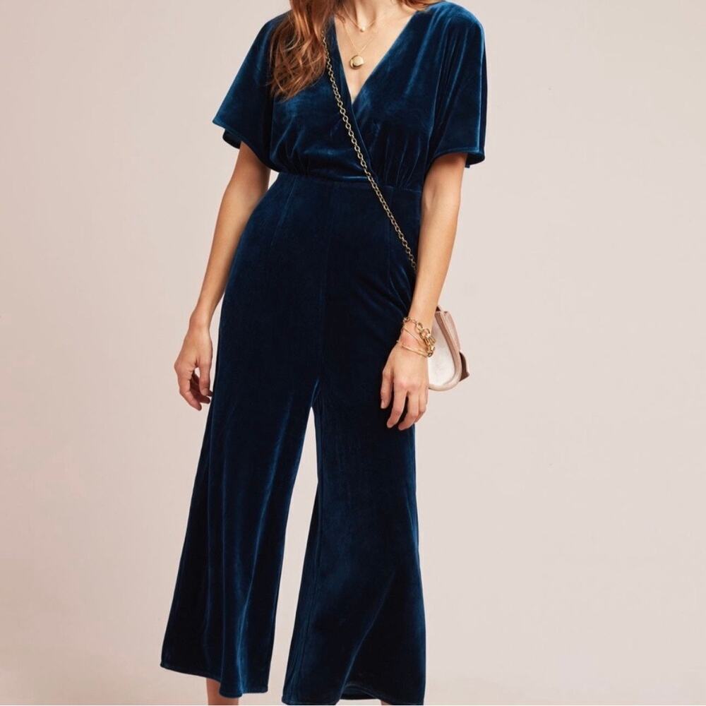 Anthropologie Greylin Luna velvet burnout jumpsuit in blue size Large
